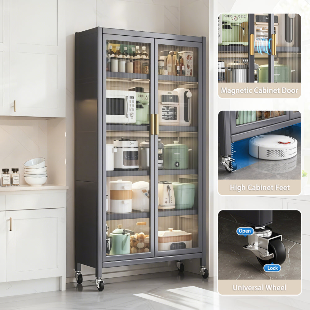 65" Kitchen Pantry Storage Cabinet, 6 Tier Metal Display Storage Cabinet with Transparent Door, Adjustable Shelves & Wheels, Food Pantries Cabinets, for Kitchen, Living Room and Dining Room, Gray