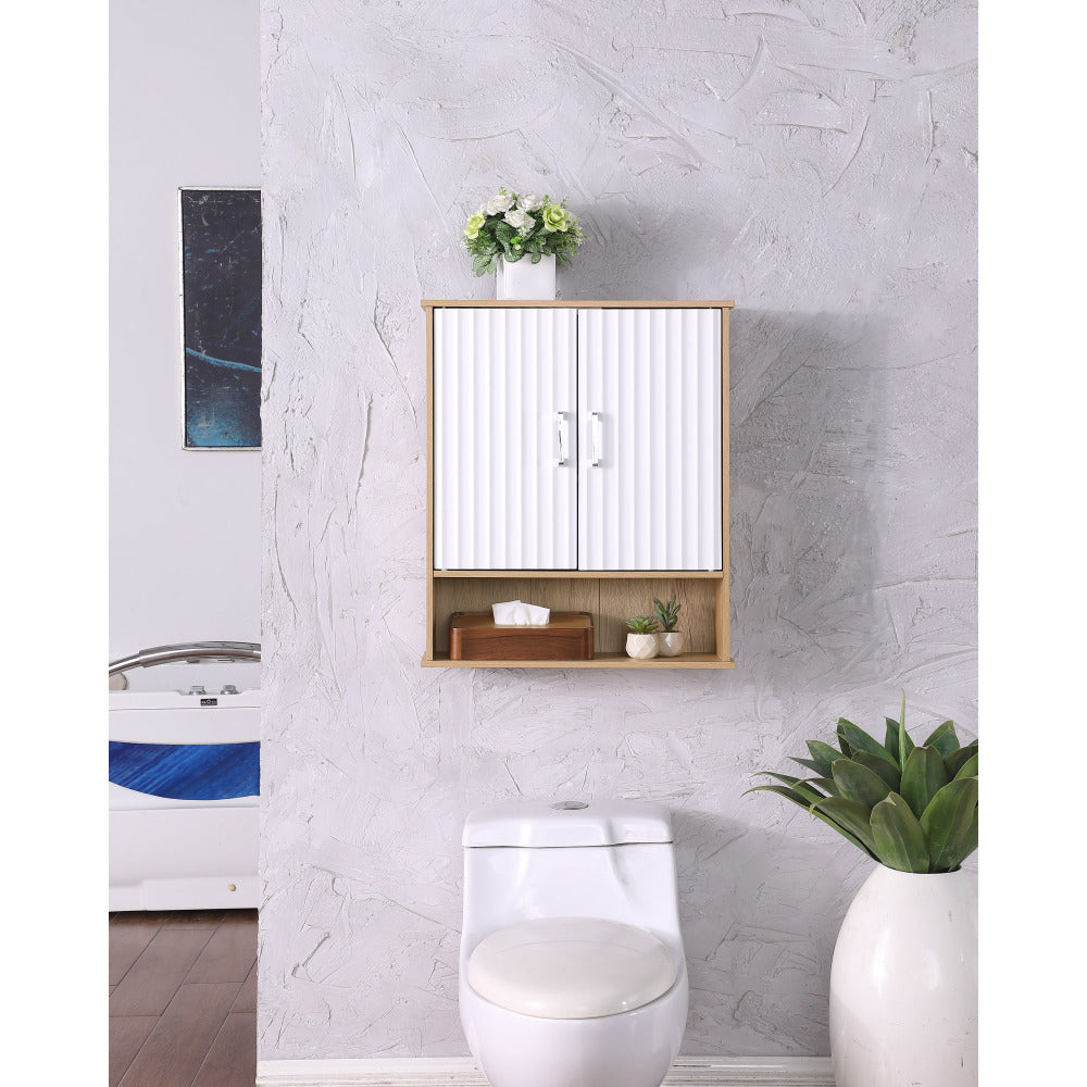 Bathroom Wall Cabinet with Double - Door, Bottom Shelf, Wavy - Patterned Doors, Adjustable Inner Shelf, Easy Installation, White & Natural Wood