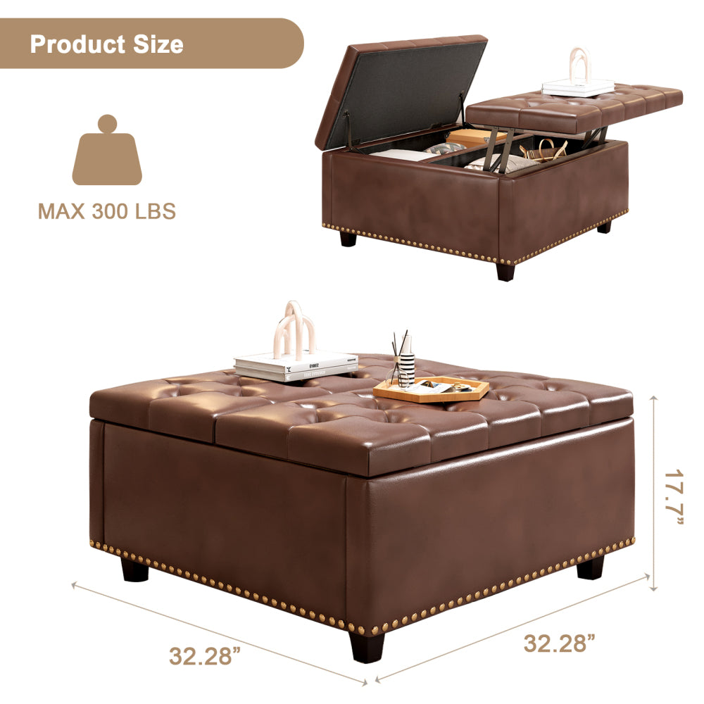 Large square storage stool with two storage doors, footstool for living room Mid-century modern coffee table with nailhead inlay, brown PU leather