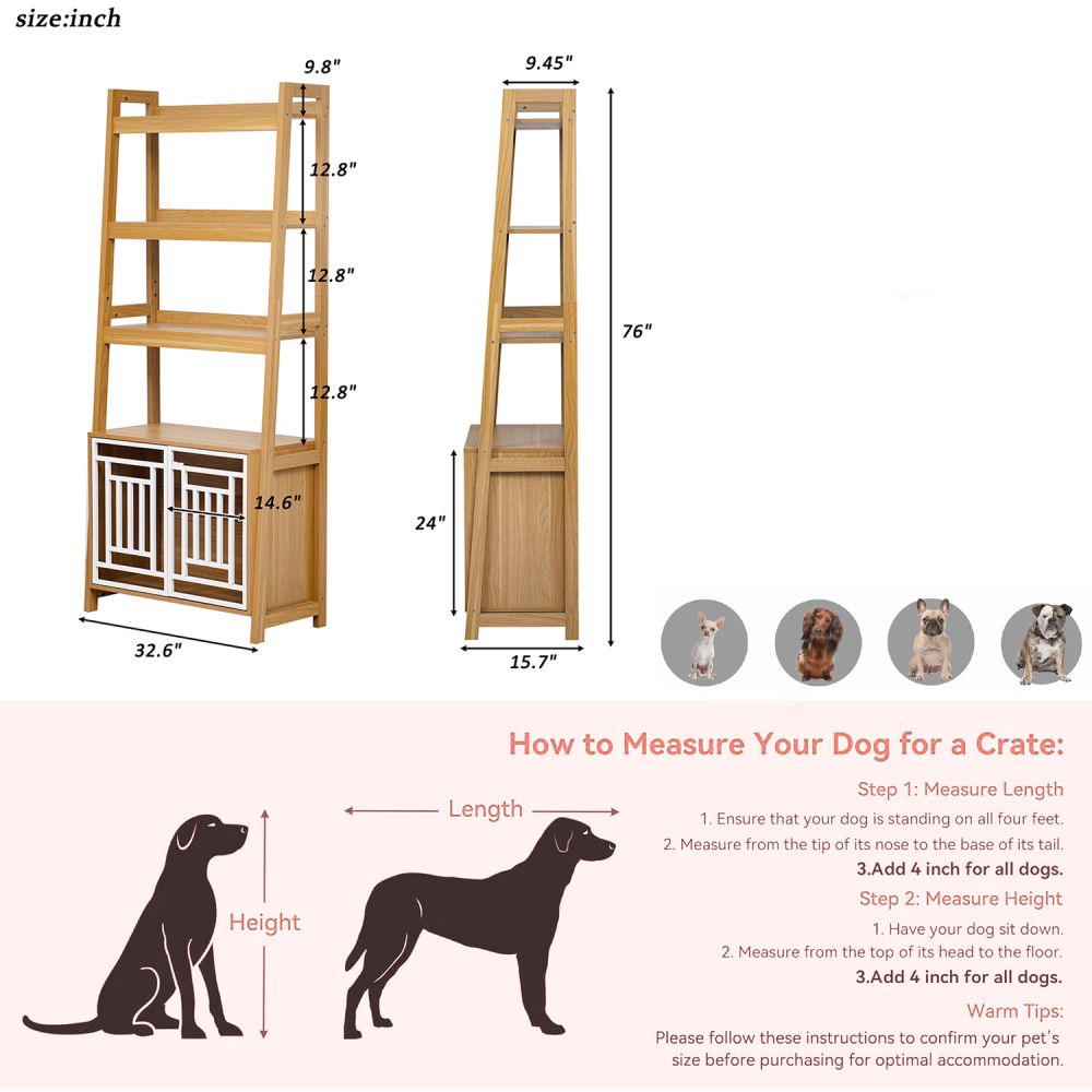 Modern 2 IN 1 Dog Furniture Dog Crate Ladder Bookshelf, Tall Wood Display Shelf with Storage, Dog Kennel Bookcase