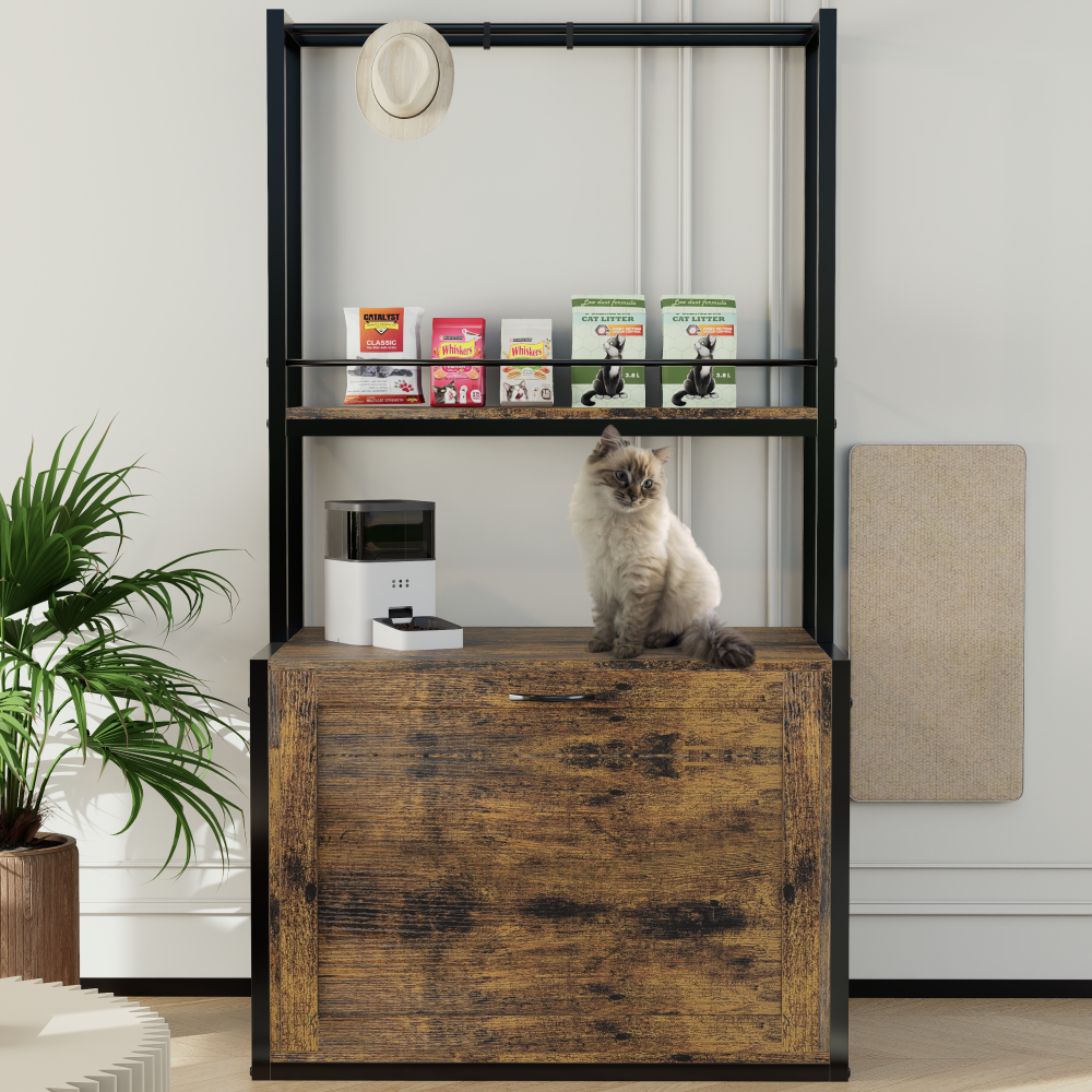 55"Refined Litter Box Enclosure with Storage Shelves and 2 Hanging Clothes Rack, 4-in-1 Hidden Cat Litter Box Enclosure Furniture with Shelf, Reversible Entrance,Rustic Brown
