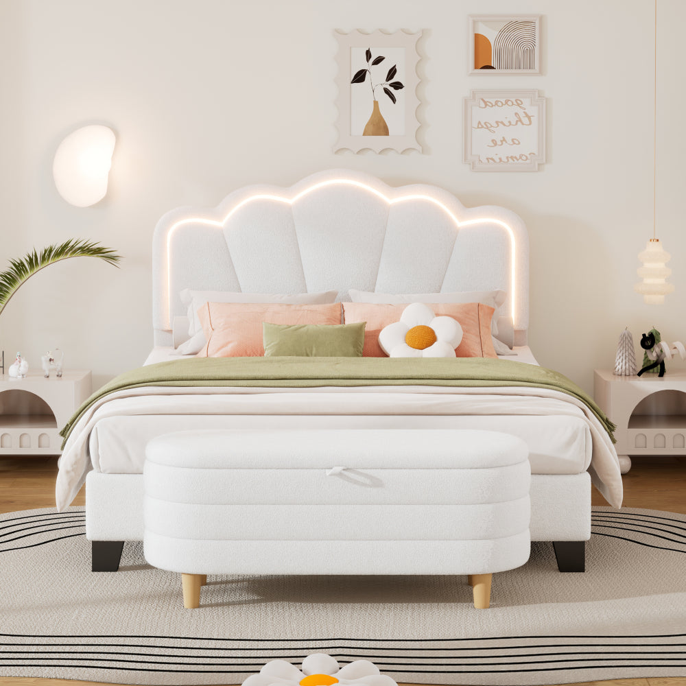 Elegant Upholstered Sherpa Fabric Storage Ottoman with Wood Legs, Storage Bench for Bedroom, Living Room, White