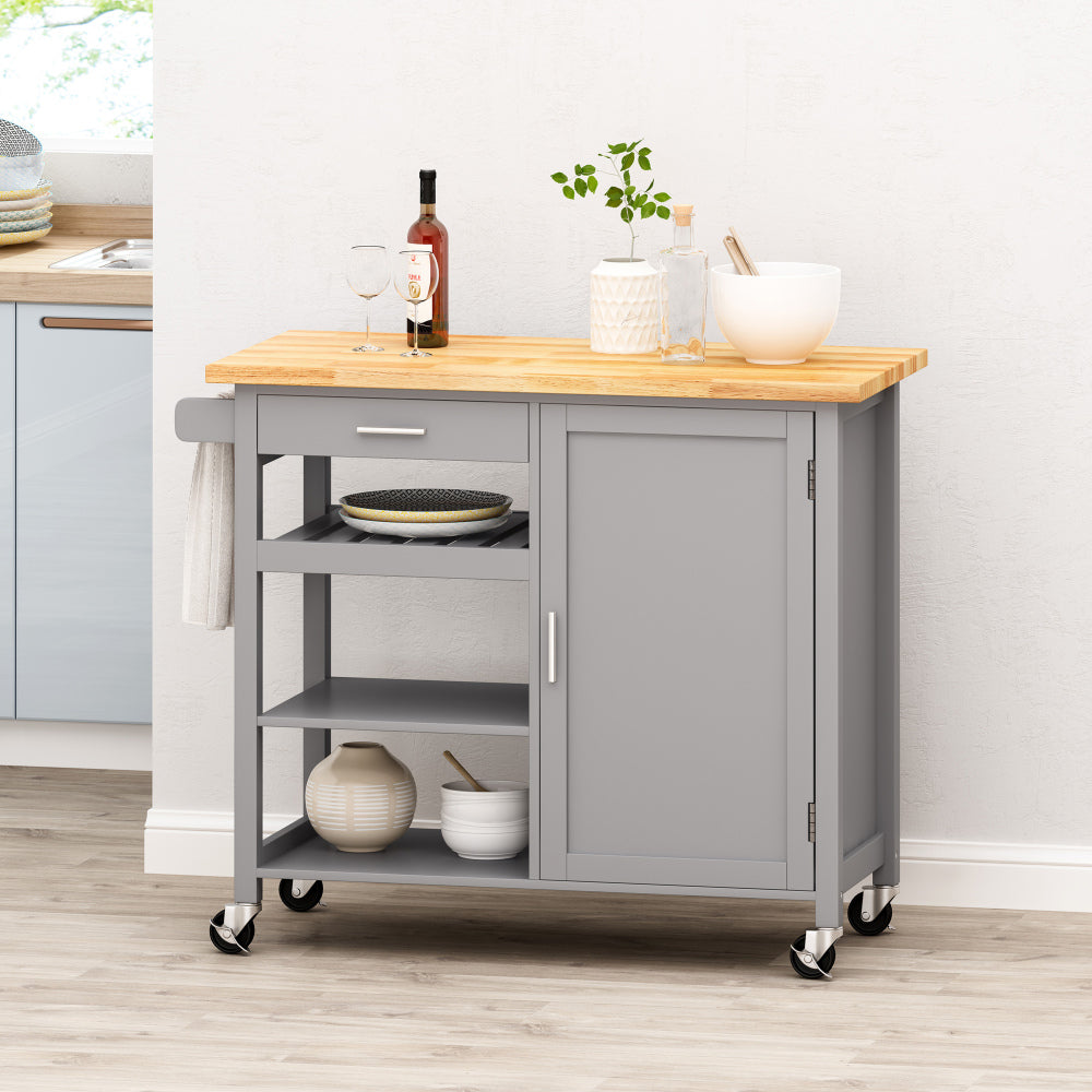 Kitchen Island Cart with Solid Wood Top, 41" Width Mobile Carts with Storage Cabinet, Rolling Kitchen Table with Spice Rack, Towel Rack, and Drawer, Portable Islands on Wheels