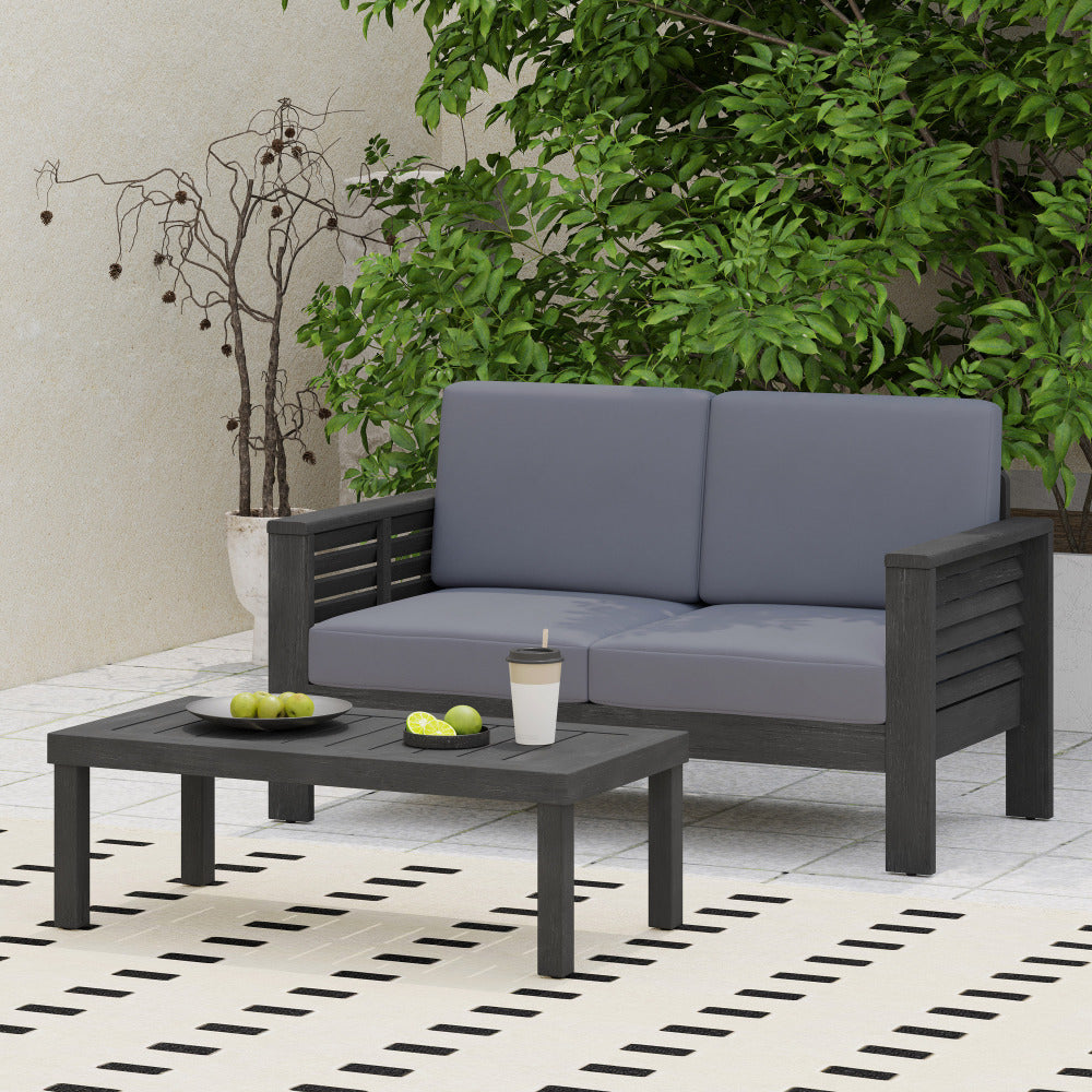 Teak Acacia Wood Loveseat and Coffee Table Set with Cream Cushions