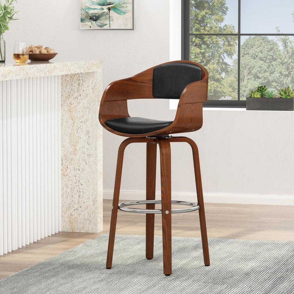 30" Mid-Century Modern Upholstered Swivel Barstool, Midnight Black, Walnut