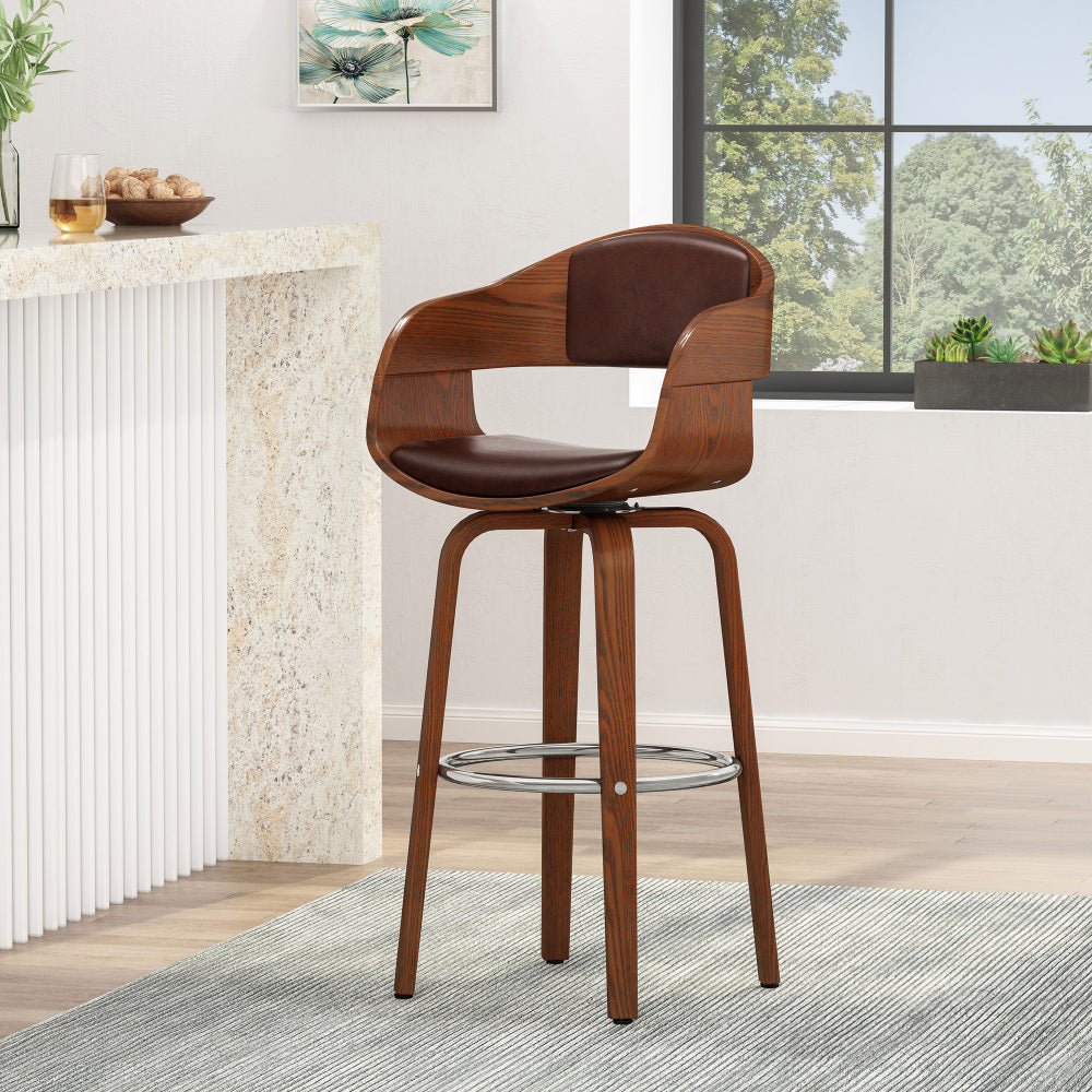 30" Mid-Century Modern Upholstered Swivel Barstool, Midnight Black, Walnut