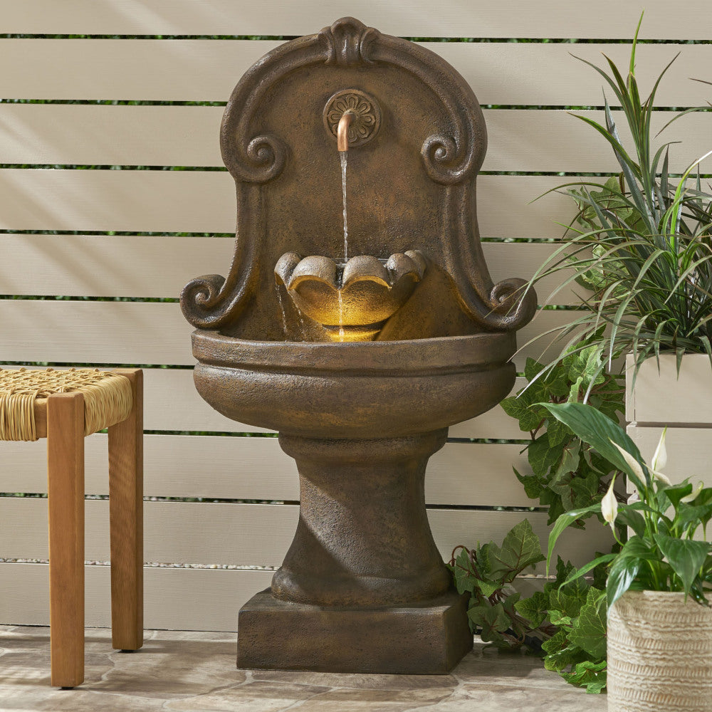 35.25" High Hand Crafted Weather Resistant Floor Fountain with Light, Light Brown