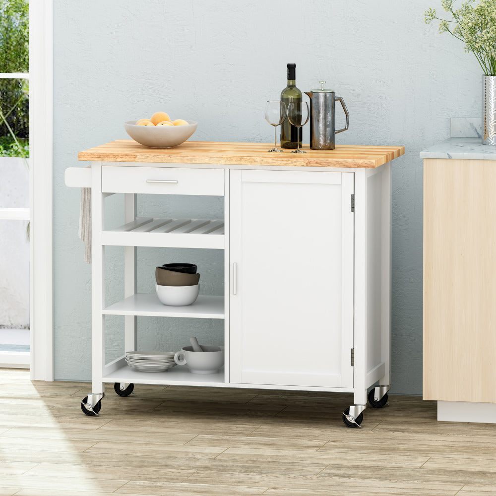 Kitchen Island Cart with Solid Wood Top, 41" Width Mobile Carts with Storage Cabinet, Rolling Kitchen Table with Spice Rack, Towel Rack, and Drawer, Portable Islands on Wheels