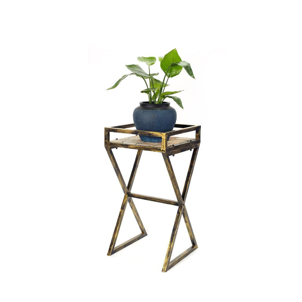 27" Gray Stone Slab Black / Gold Metal Plant Stand