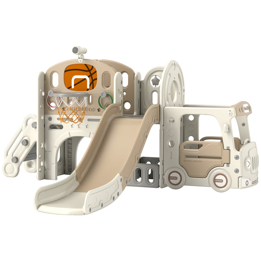 Qaba 9 in 1 Toddler Slide, Indoor Slide for Kids Ages 1-6, Car Themed Baby Slide with Basketball Hoop, Climber, Storage Space, Ring Toss, Telescope, Tunnel, Cream White