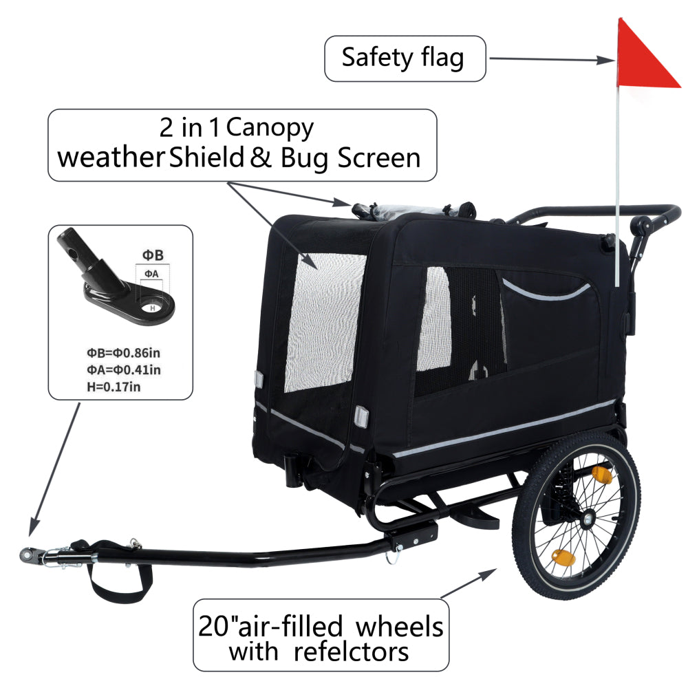 2-in-1 Bike Trailer & Push Cart for Pets - Detachable Bike Hitch & Push Handle Included - All-Terrain Wheels, Quick Release Wheel, Non-Slip Floor, Internal Leash, Holds Up to 88 lbs, Black