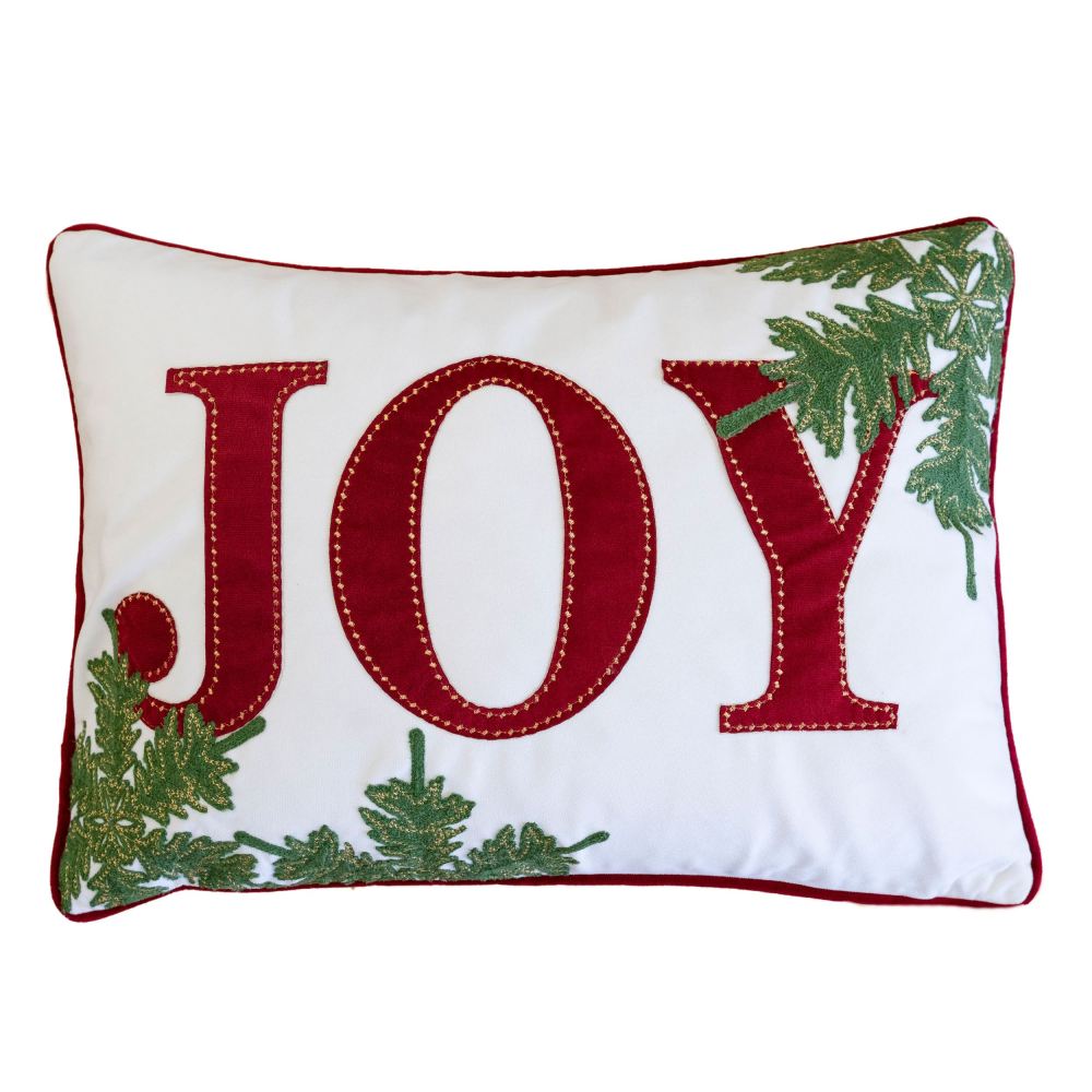 JOY Embroidered Christmas Throw Pillow – 14x20" Velvet Lumbar Cushion in Red and White with Green Holiday Accents
