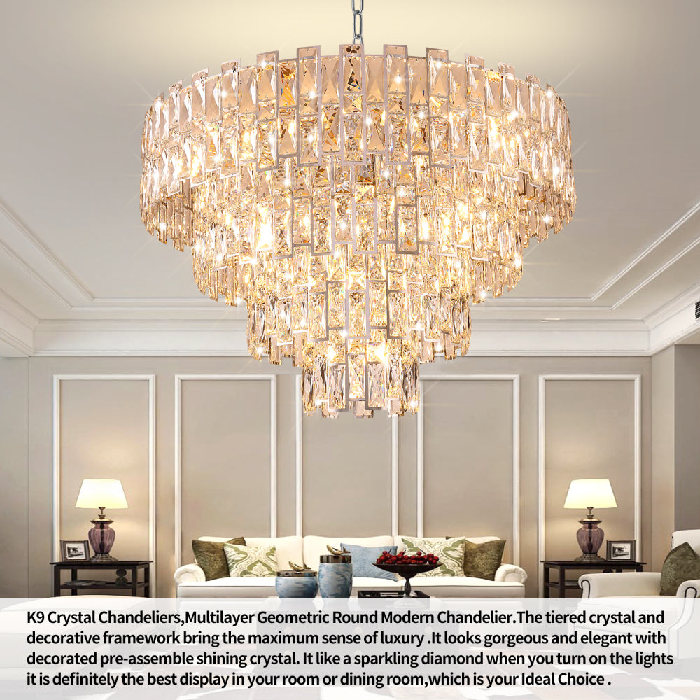 Chrome Luxury Crystal Chandelier for Dining Room, 32-Inch Modern Ceiling Light, French Empire Style with Premium K9 Crystals, Elegant Chrome Finish, Perfect for Living Room or Bedroom, 21-Light Fixtur