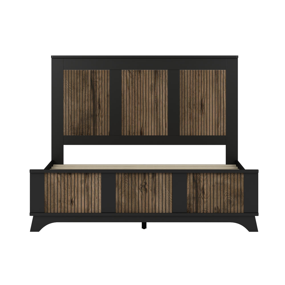 4-Pieces Bedroom Sets, Queen Size Farmhouse Platform Bed with Wooden Strip Stickers Decoration, Storage Nightstand and Dresser with Metal Handle, Black