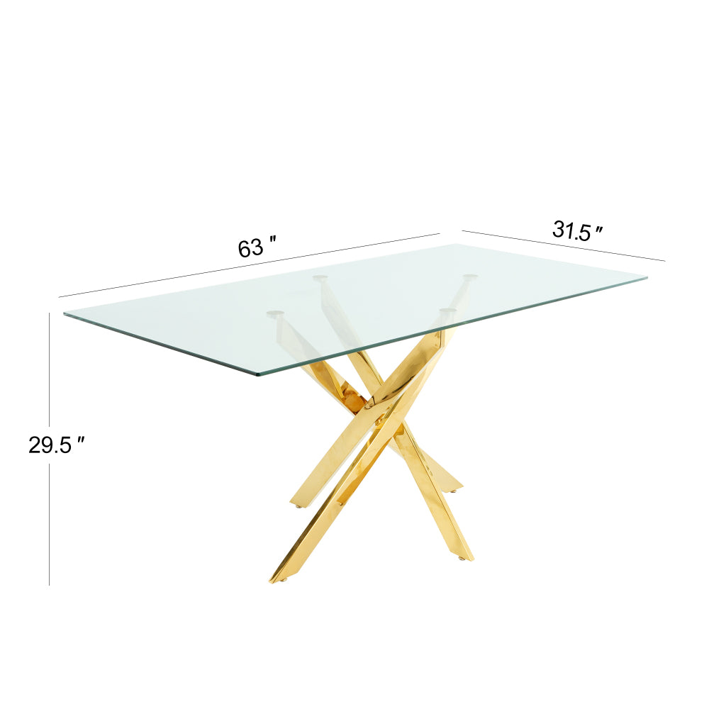 Modern Kitchen Glass dining table 63" Rectangular Tempered Glass Table top, Gold stainless steel legs , suitable for kitchens, restaurants, and living rooms(set of 1)