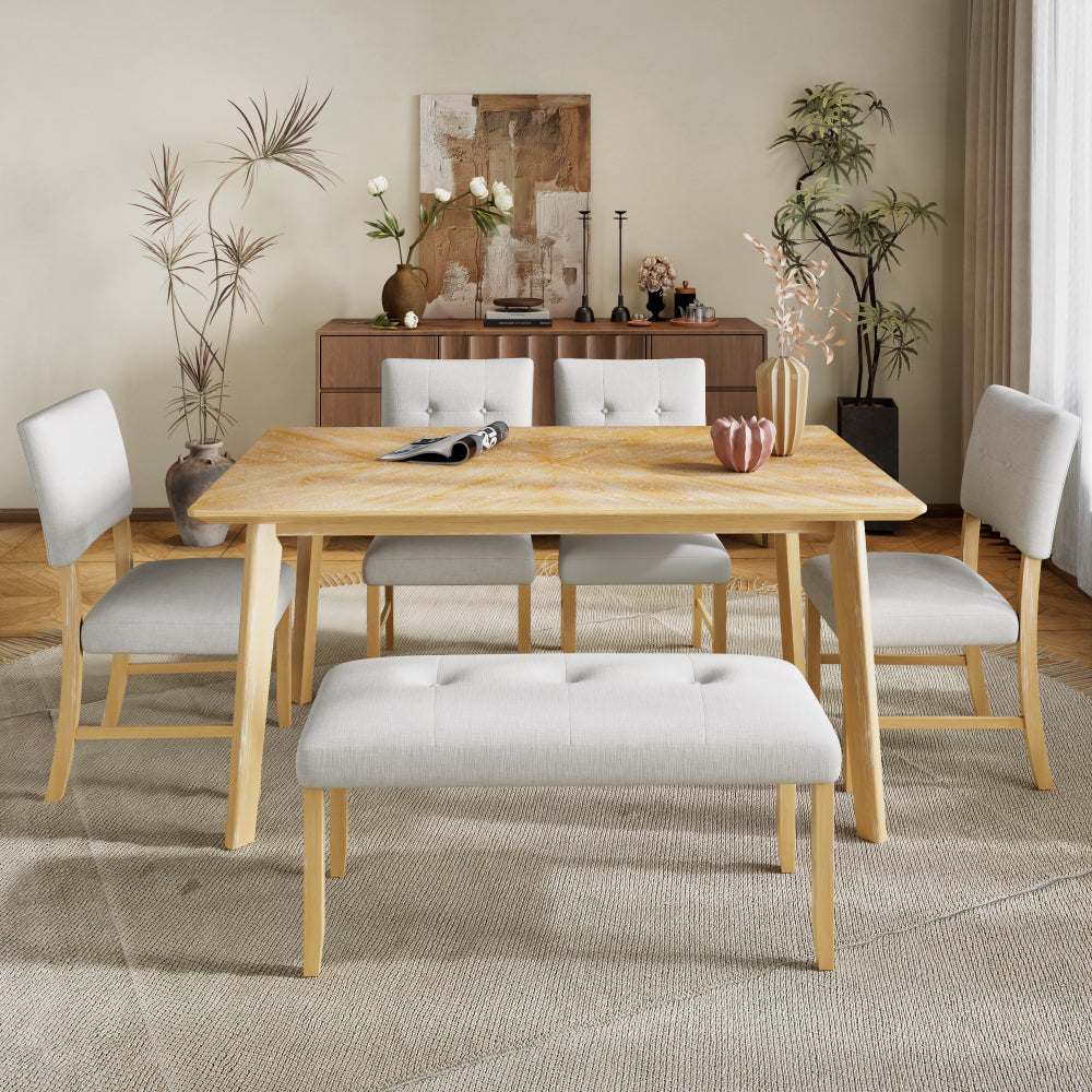 6 Piece Dining Room Table Set, Rustic Farmhouse Dining Room Rectangular Table with 4 Upholstered Chairs and Bench, Solid Wood Kitchen Dining Table Set for 6 Persons (Easy Assembly, Natural Wood Wash)