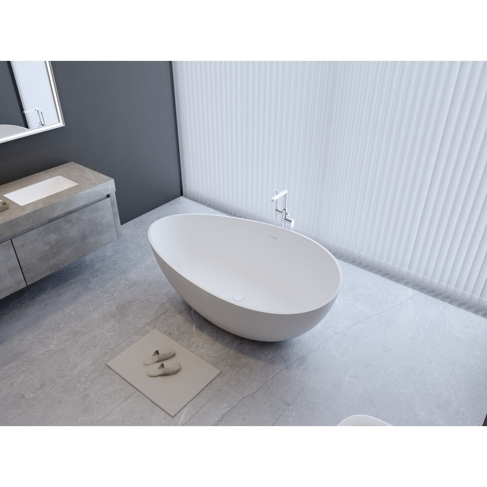 63" Freestanding Solid Surface Bathtub, Luxury Engineered Stone Resin Freestanding Soaking Bathtub with Overflow and Pop-up Drain for Contemporary Bathroom, Matte White 24S05-63MW
