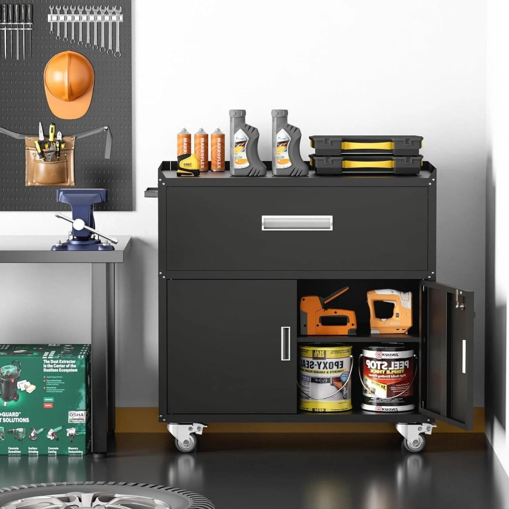 Metal garage cabinets, rolling tool cart boxes with wheels (black)