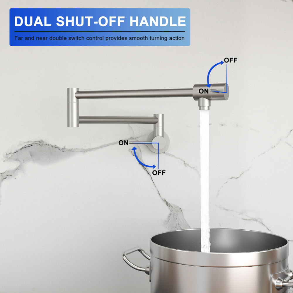 Pot Filler Faucet - Wall Mount Kitchen Sink Faucet Folding Stretchable with Single Hole Two Handles, Brushed Nickel