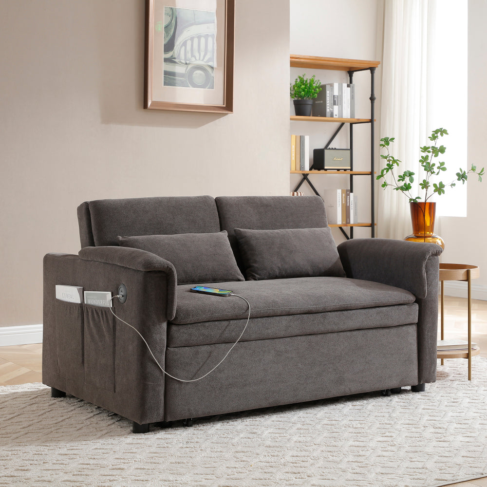 55" Velvet Two Seater Pull Out Sofa Bed, Adjustable Backrest With  USB Ports, Two Side Pockets, 3 in 1 Convertible Sleeper Sofa Bed, Modern Love Seat Lounge,2 waist pillows for living rooms,GREY