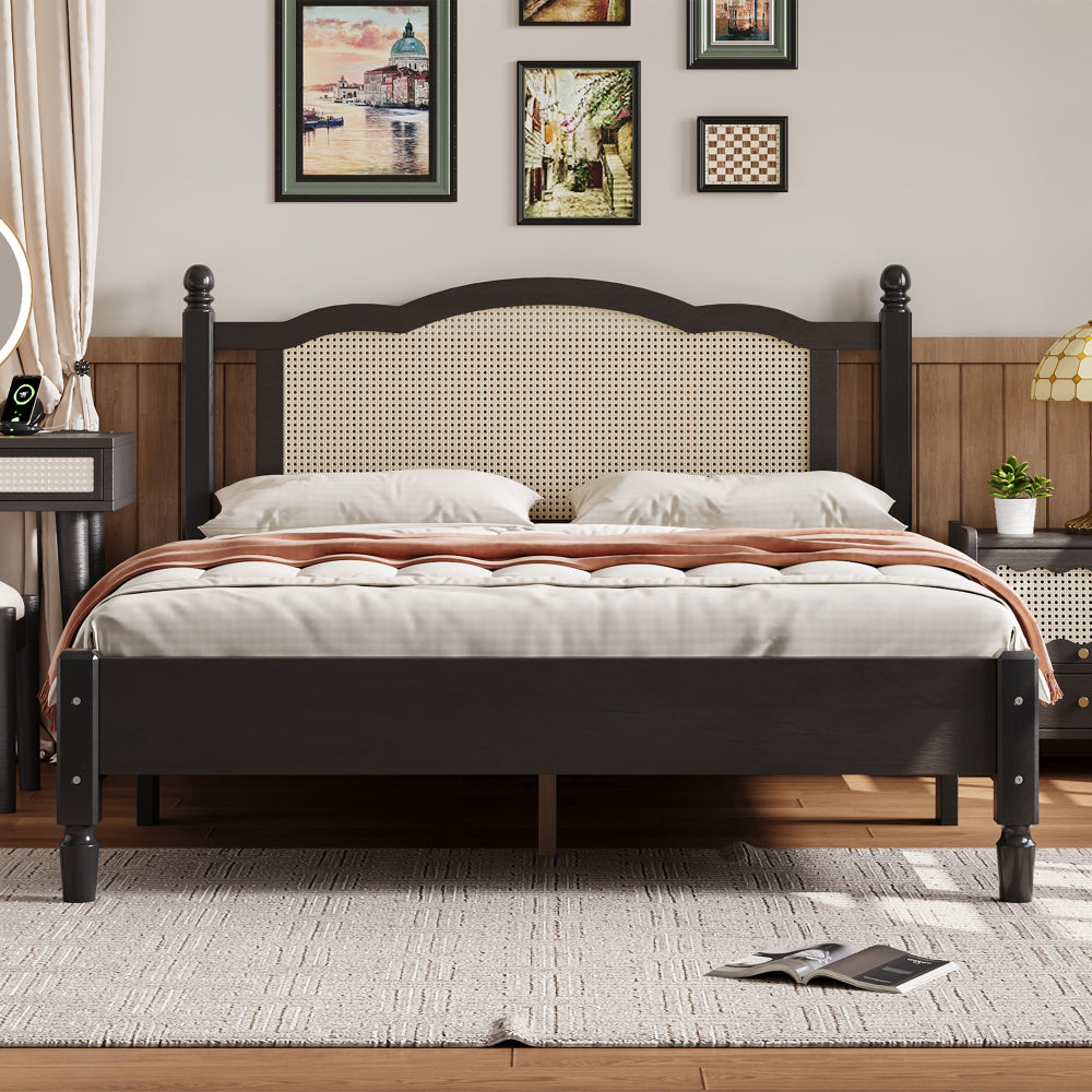 3 Pieces Bedroom Set with Queen Size Wooden Bed Frame, 1 Vintage  Nightstand and 1 Makeup Vanity Set with Stool,Black