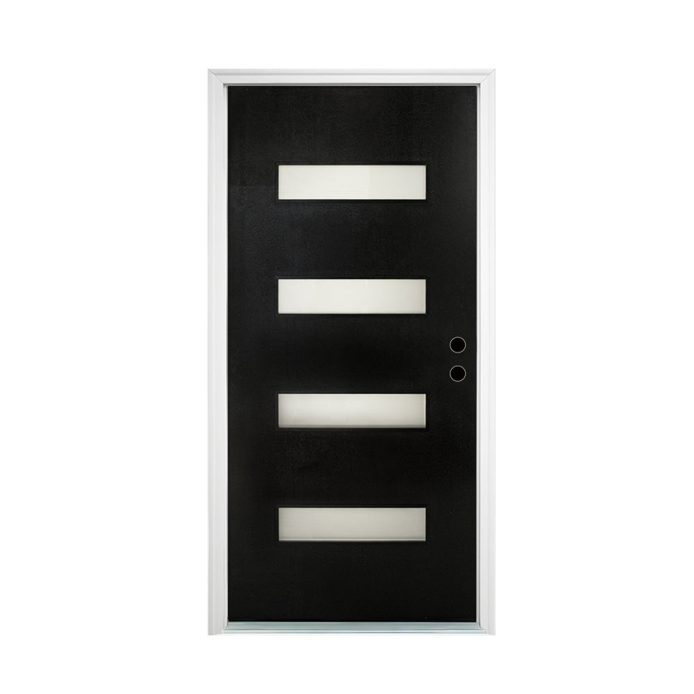36 x 80 Fiberglass Entry Door with Brickmould, Frosted Glass, Black Finishe Knock-Down Fiberglass Door - Contemporary Style for Home's Front Entrance, Left Hand Inswing with White Vinyl Frame