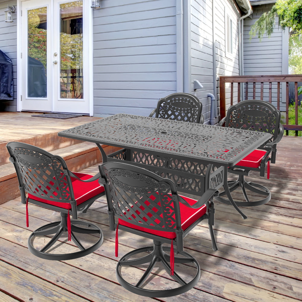 L58.27*W34.65-inch Cast Aluminum Patio Dining Table With Black Frame and Umbrella Hole