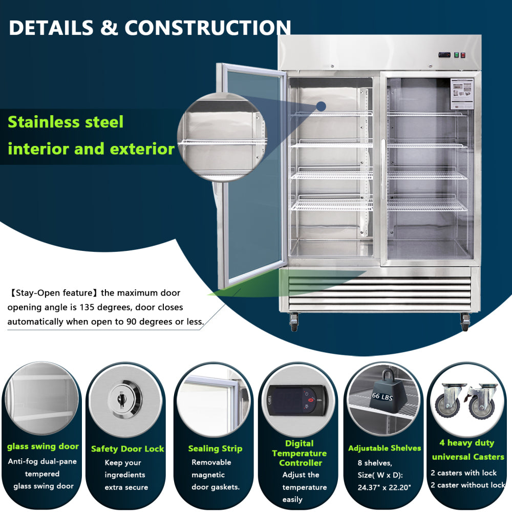 54"W Commercial Refrigerator 2 Glass Door Stainless Steel Interior and Exterior Construction Display Refrigerator 42.2 Cu.ft. Reach-in Merchandising Refrigerator Upright Fan Cooling Merchandiser