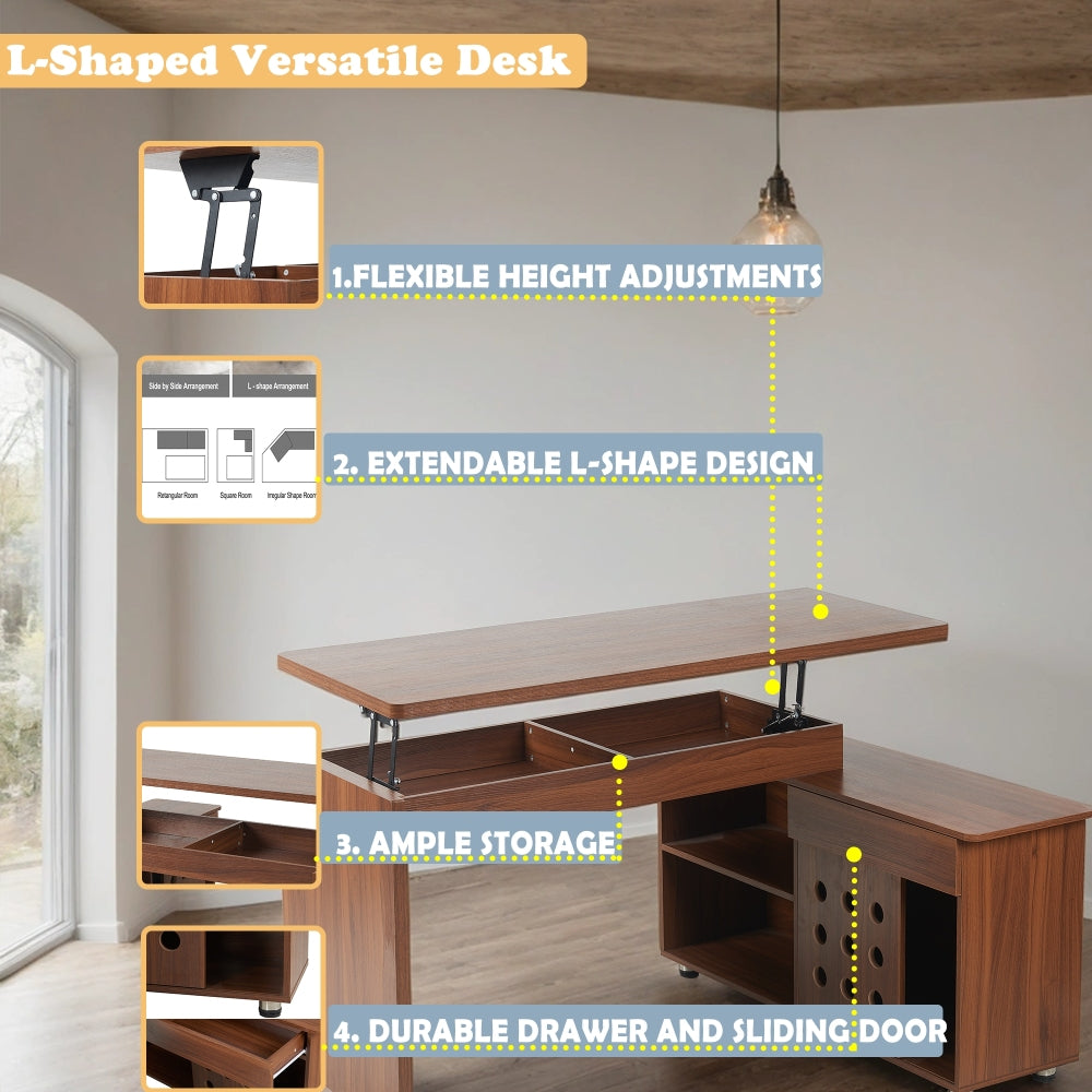 55.1''L, Home Office L-Shaped Versatile Desk Height Adjustable Extendable Desk with Storage Drawers and Cabinet, Walnut