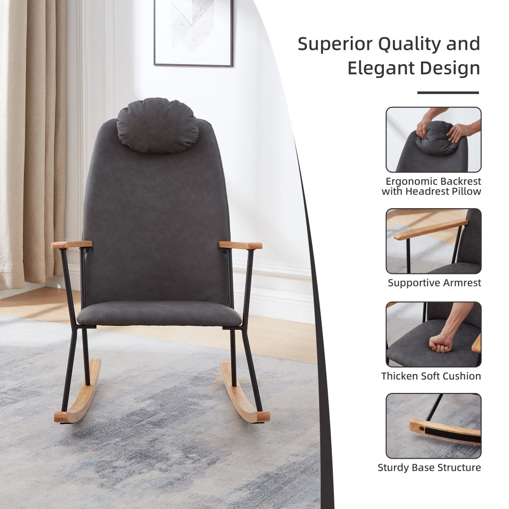 Adjustable Headrest Pillow Rocking Chair, Technical Leather Upholstered Glider Rocker with High Backrest, Modern Rocking Accent Chairs Comfy Side Chair for Nursery, Bedroom, Living Room (Dark Grey)