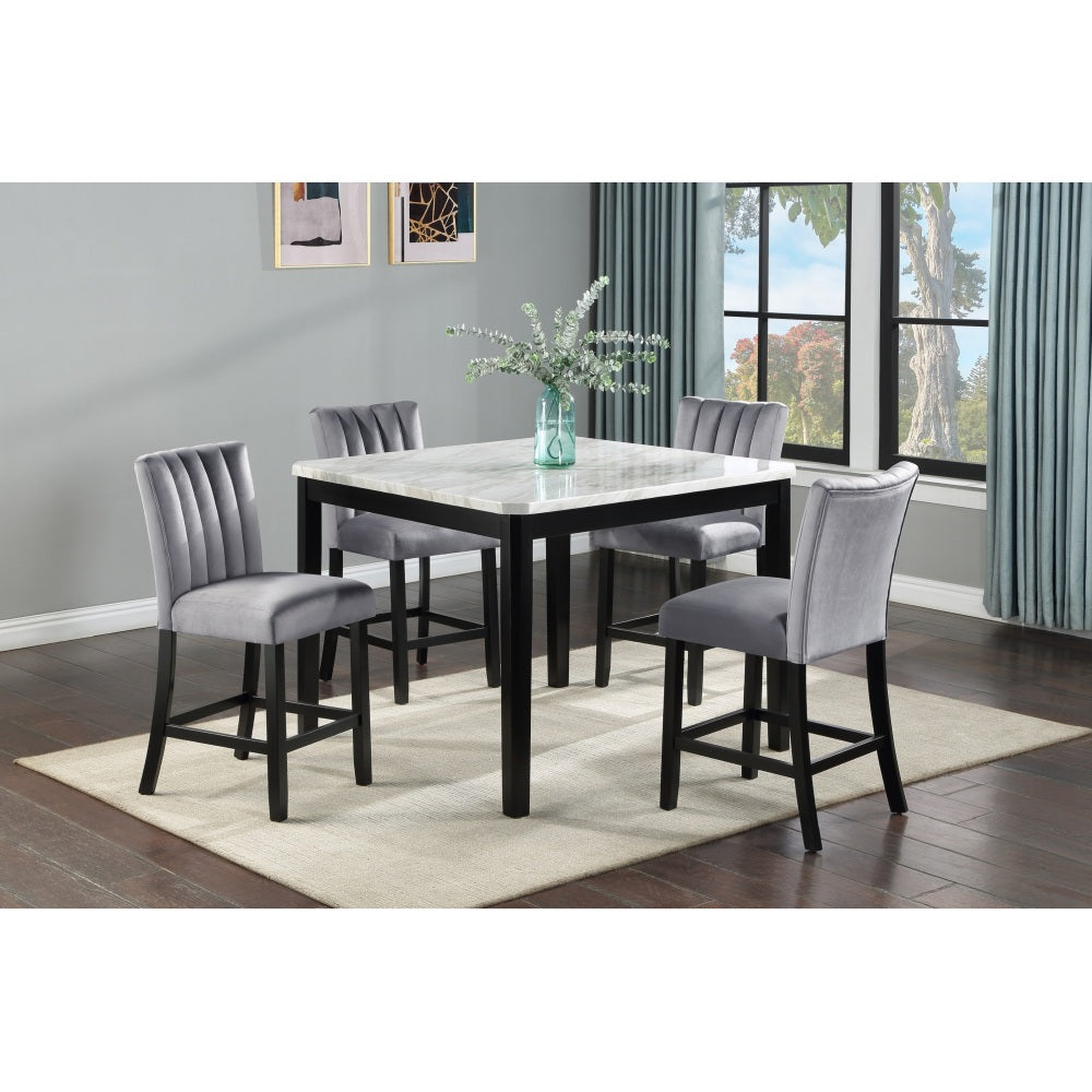 6-Piece Contemporary Dining Set Rectangular Faux Marble Table Top Black Finish Upholstered Chairs Bench Channel Tufting Wooden Solid Wood Dining Room Kitchen Furniture