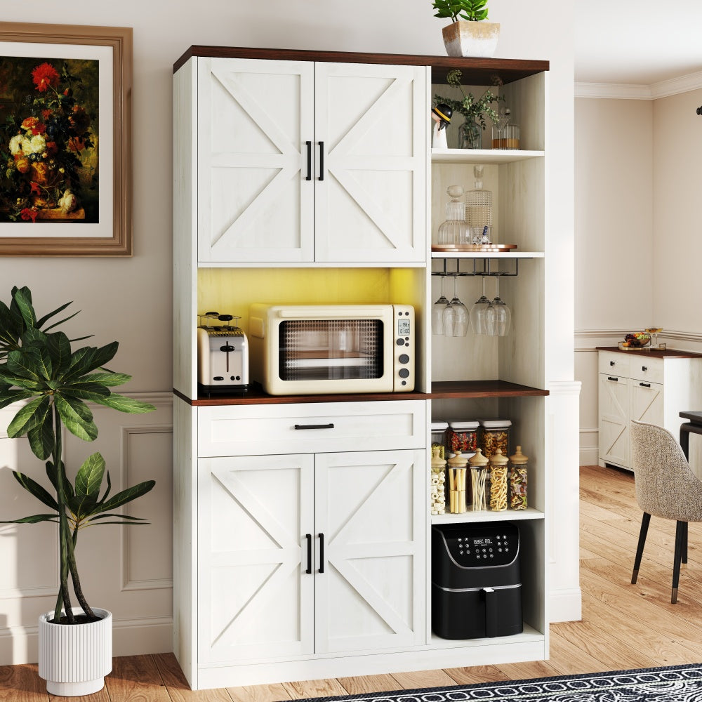 71'' Farmhouse Kitchen Pantry Sideboard with Cabinet and Drawer, Multifunctional Kitchen Buffet with Hutch and Glass Holder, Microwave Stand with Charging Station for Kitchen and Dining Room