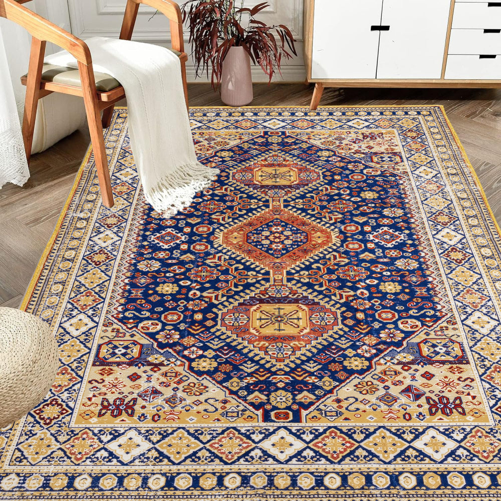 Area Rug 5x7 Vintage Bohemia Large Persian Non-slip Washable Rug For Living Room Kitchen Bedroom Living Room Abstract Geometrical Blue/ Yellow