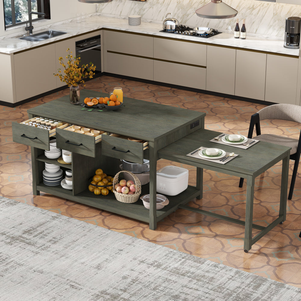 TREXM Extendable Kitchen Island with Storage, Multi-Functional Kitchen Cart with Built-In Power Outlets, Retro Kitchen Island on Wheels with Drawers and Open Shelves for Kitchen (Gray)