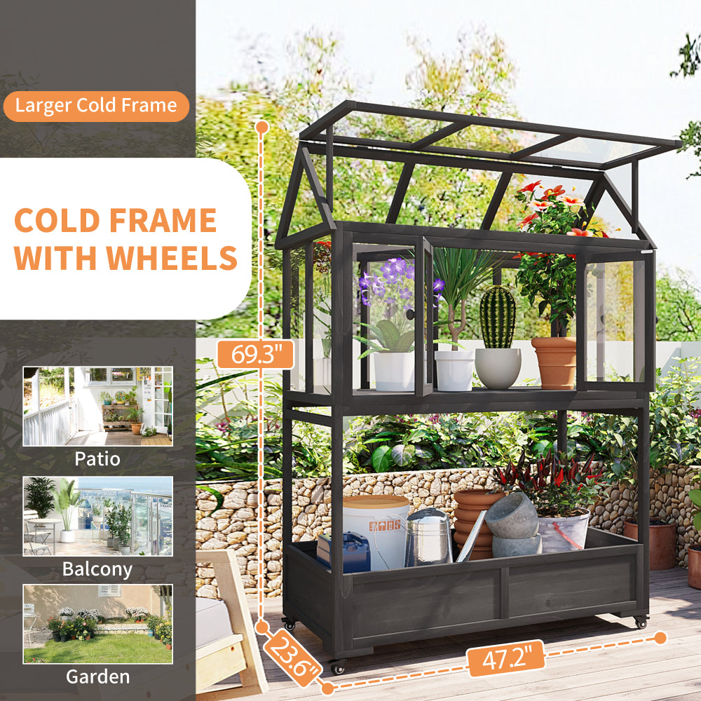 [Assembly Video Available] TOPMAX Garden Wood Portable Cold Frame with Movable Wheels Mini Greenhouse with Openable Roof and Storage Box, Black