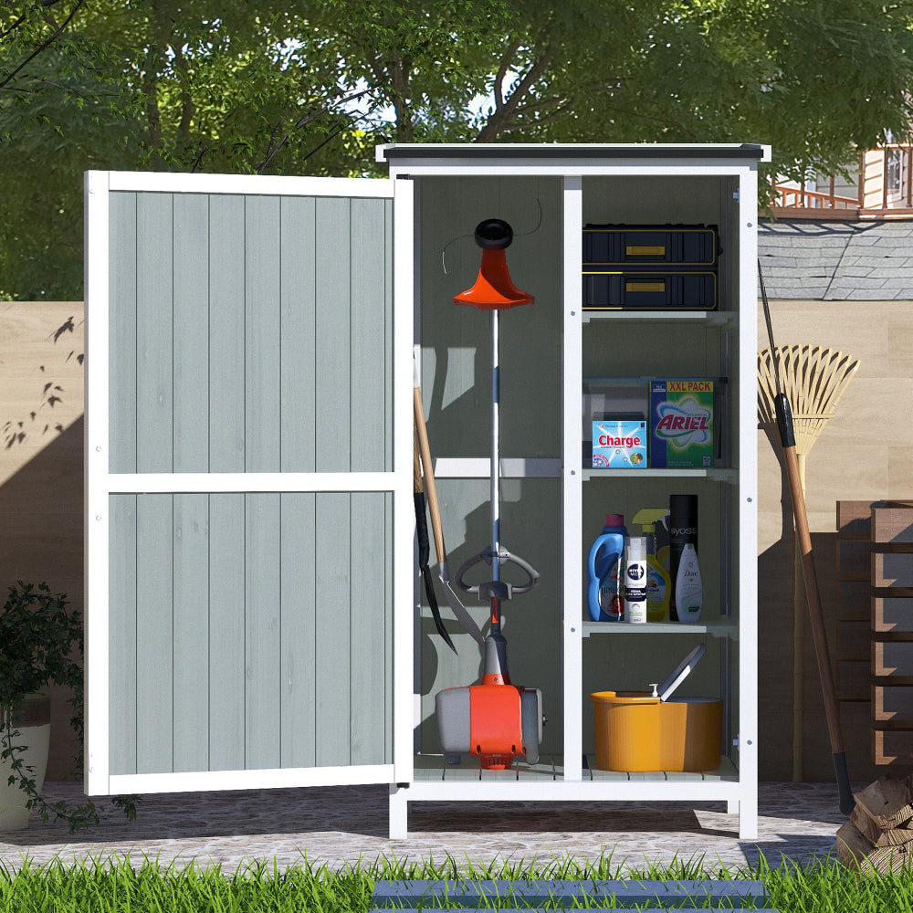 54" Two-Tone Storage Shed - Gray & White Design with Sloped Roof & 5 Customizable Compartments