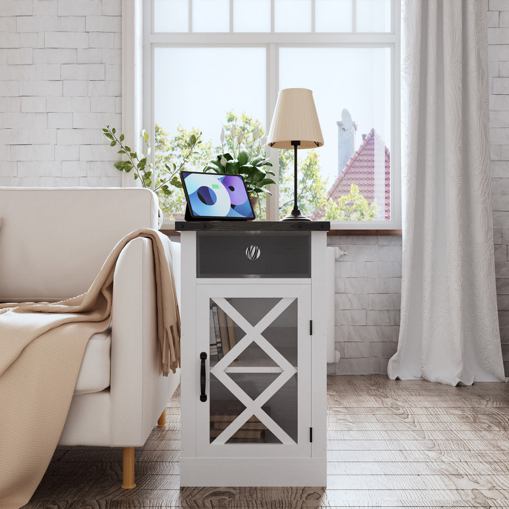 Farmhouse End Table with Charging Station, 15.4'' Rustic Nightstand with Barn Door & Adjustable Shelf, Wooden Sofa Side Table with 3-Tier Storage for Living Room, Bedroom, White