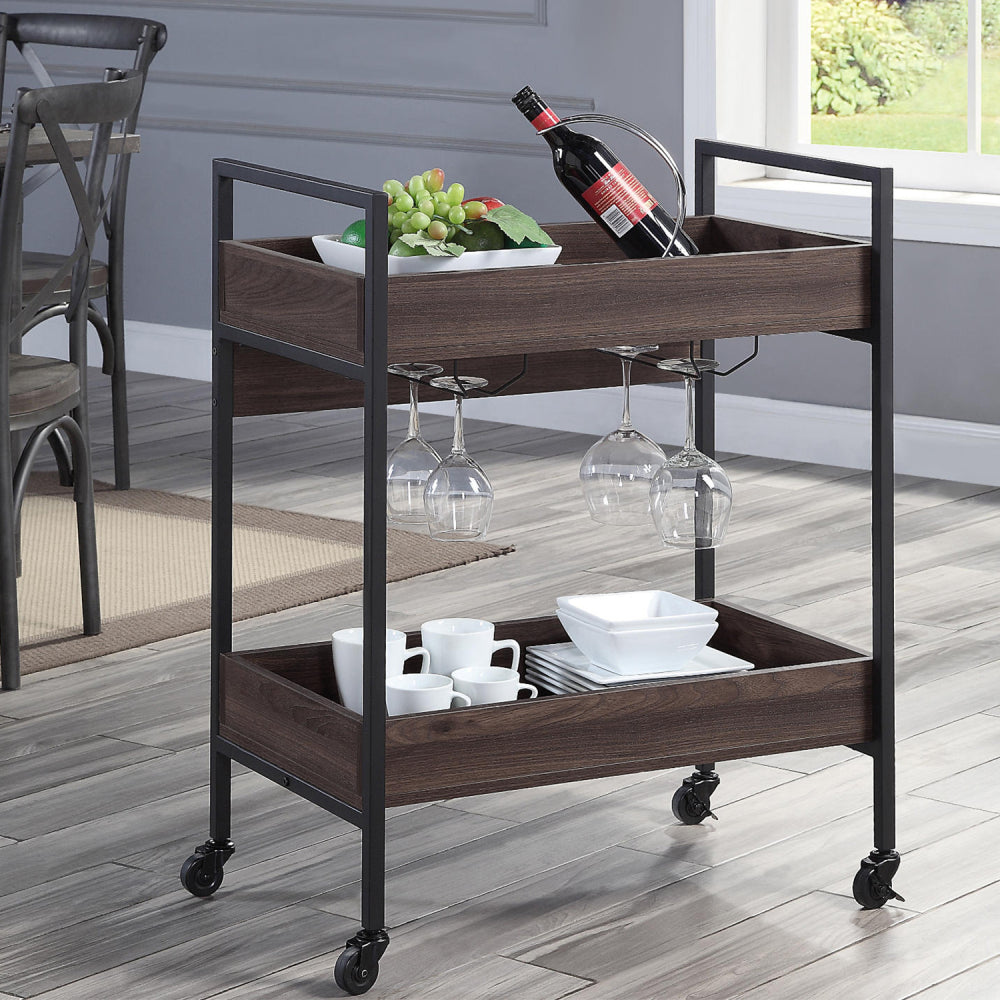 Rectangular Serving Cart with 2 Tier Shelf, Walnut and Black