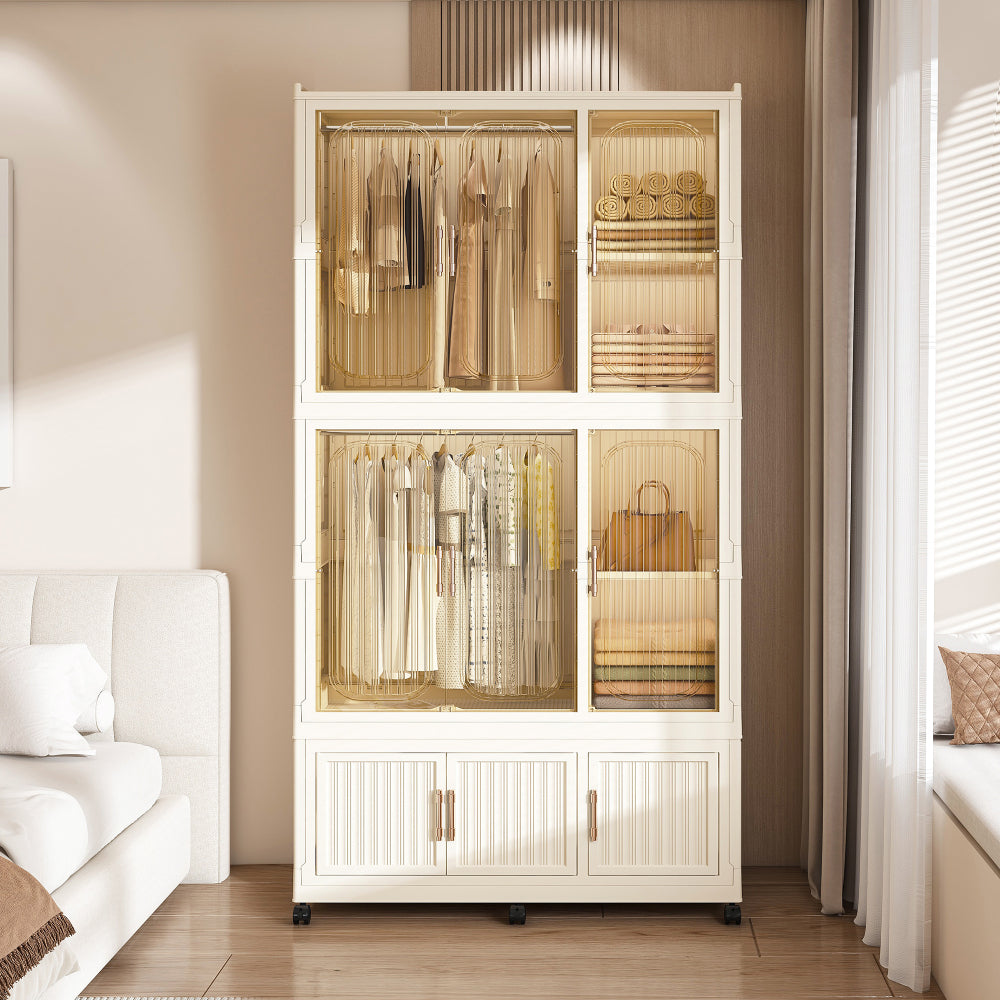 Portable Wardrobe Closet Storage Organizer for Clothes,Clothes Dresser,9 Magnetic Doors-9 Cubes & 1 Hanging Rod,6 pcs hangers , Baby Wardrobe Storage Cabinet,White