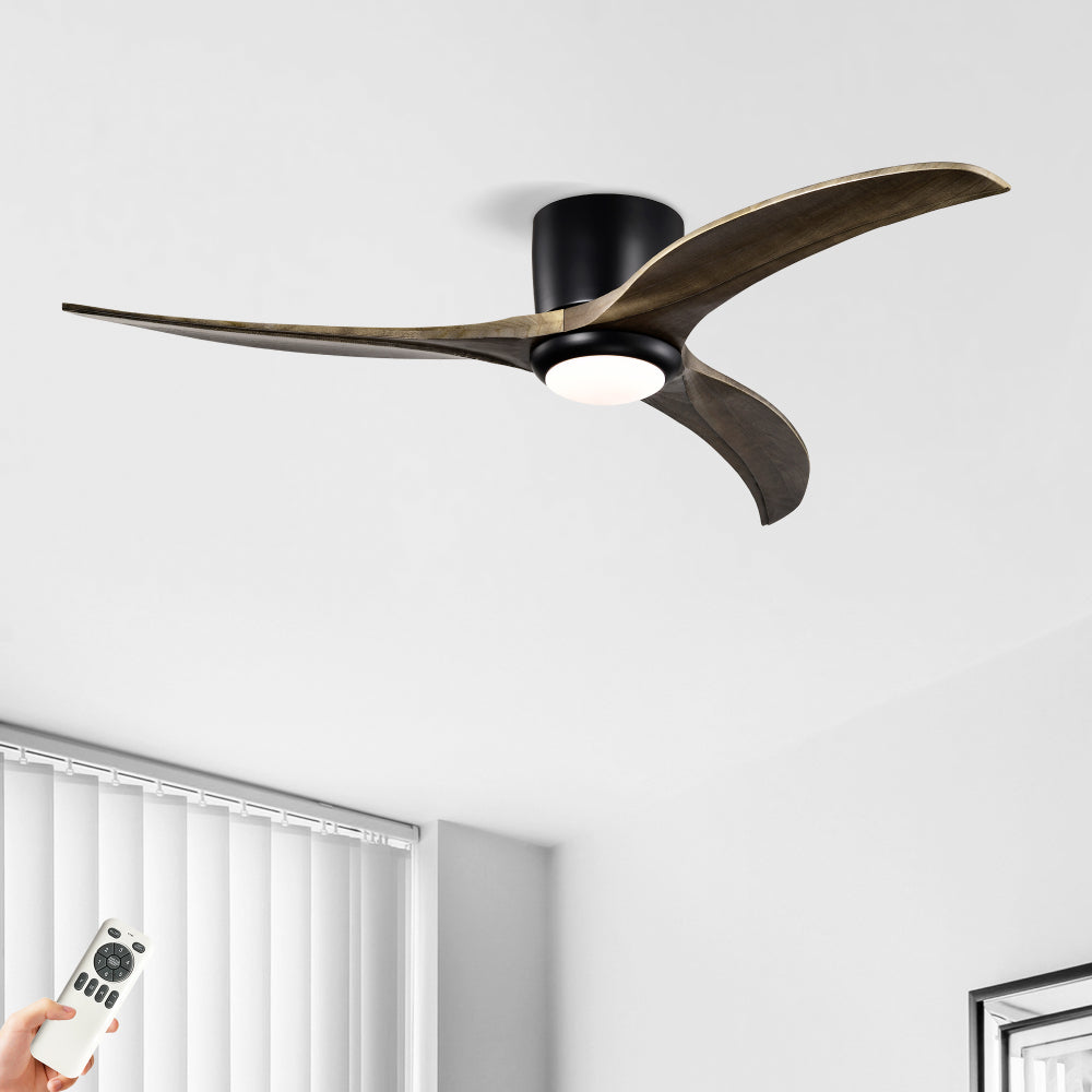 52" Flush Mount Ceiling Fan Solid Wood Blades Ceiling Fan With Light with Remote Control, Noiseless Reversible Motor, 6 Speed, for Patio Living Room, Bedroom,Indoor.(Matte Black)