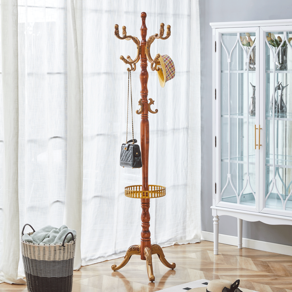 Crabapple Colored Solid Wood Hanger, Modern And Simple Coat And Hat Rack, Resin Stainless Steel Multifunctional Storage Rack With Key Tray (Optional In Walnut Color)