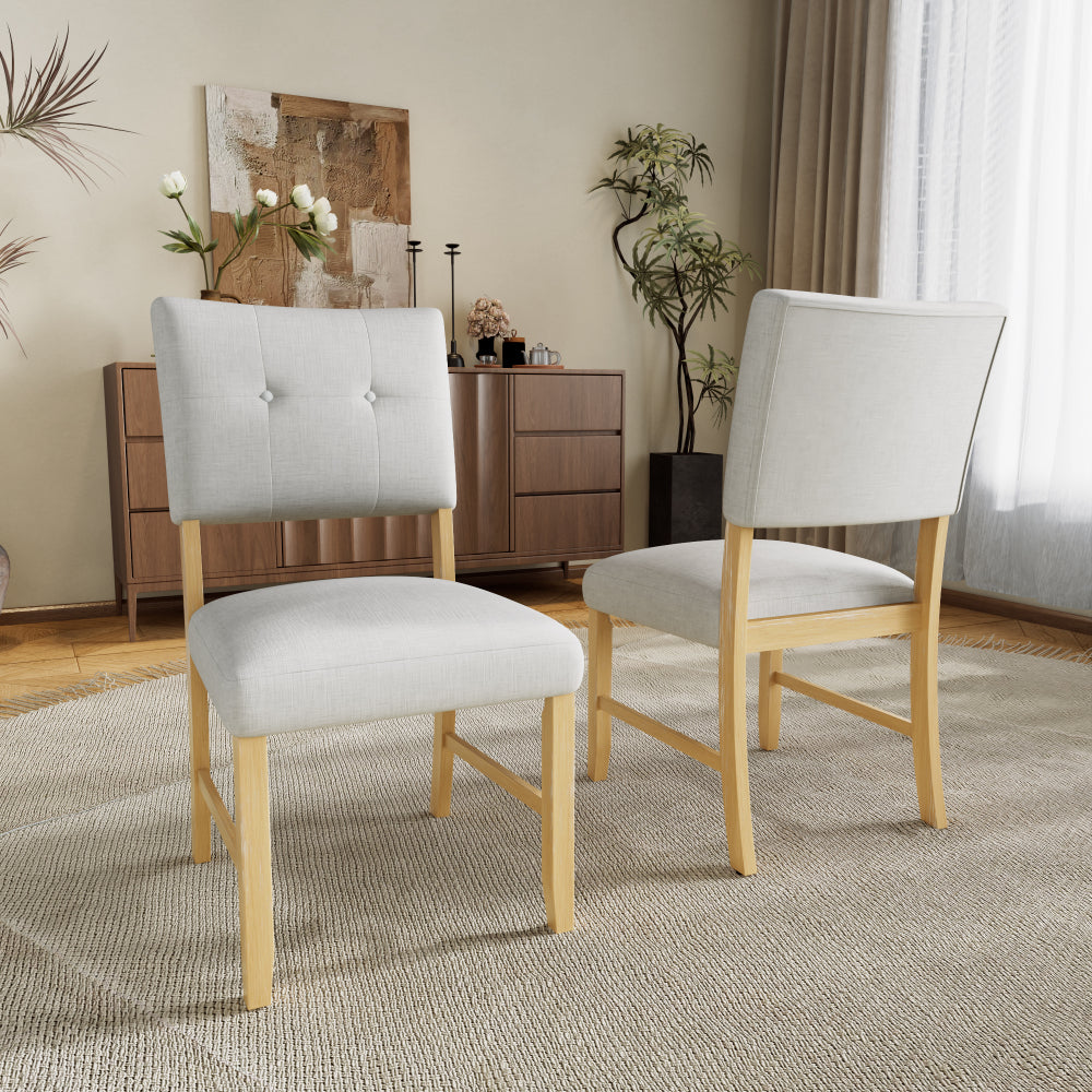 Wooden Dining Chairs Set of 4, Modern Fabric Upholstered Kitchen Side Chairs, Farmhouse Dining Room Chair with Solid Wood Legs and Padded Seat, Beige + Natural Wood Wash