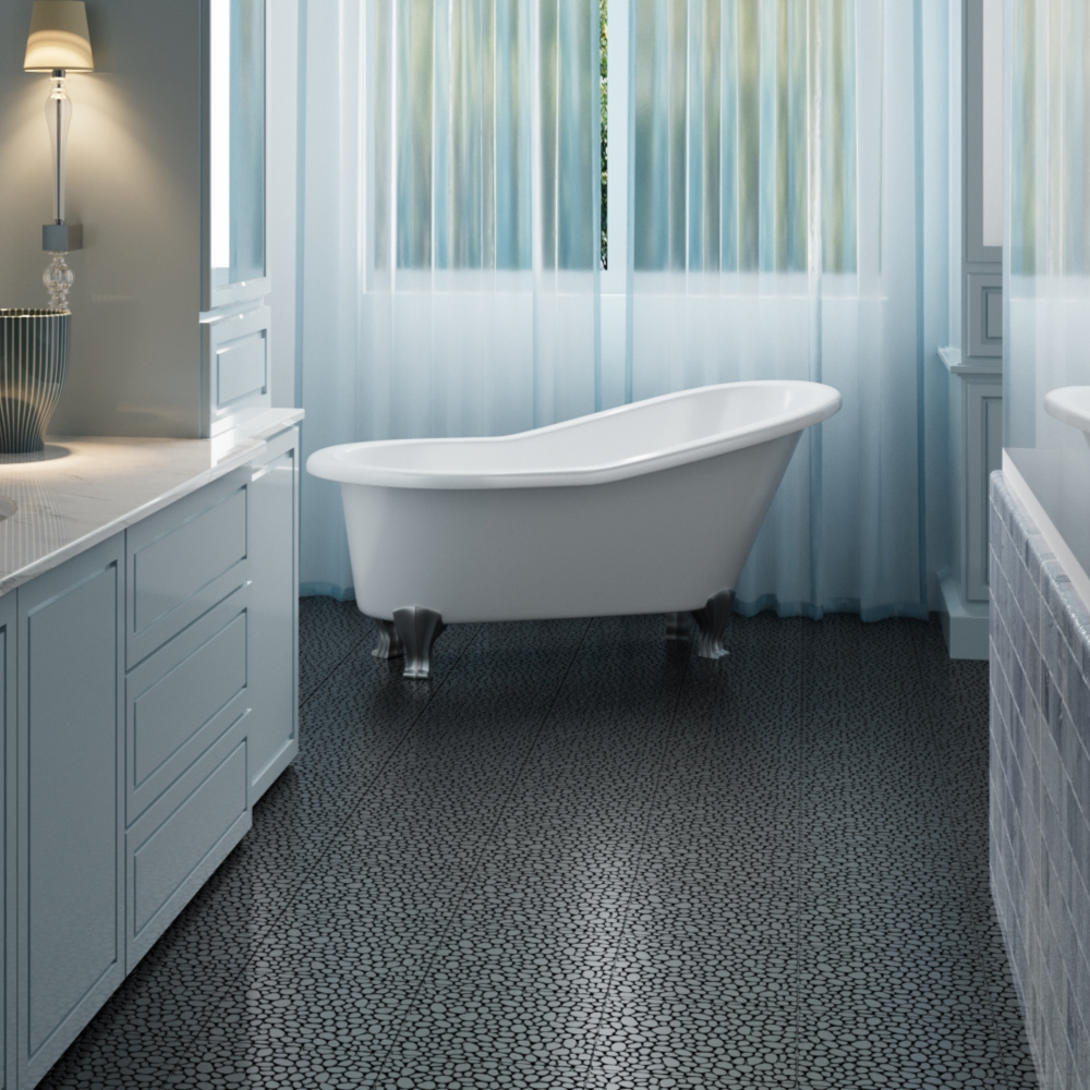 12 x 12 Inch Black Interlocking Deck Tiles Plastic Waterproof Outdoor All Weather Anti-slip Bathroom Shower Balcony Porch Strong Weight Capacity Upto 440 LBS, Pebble Stone Pattern Pack of 60