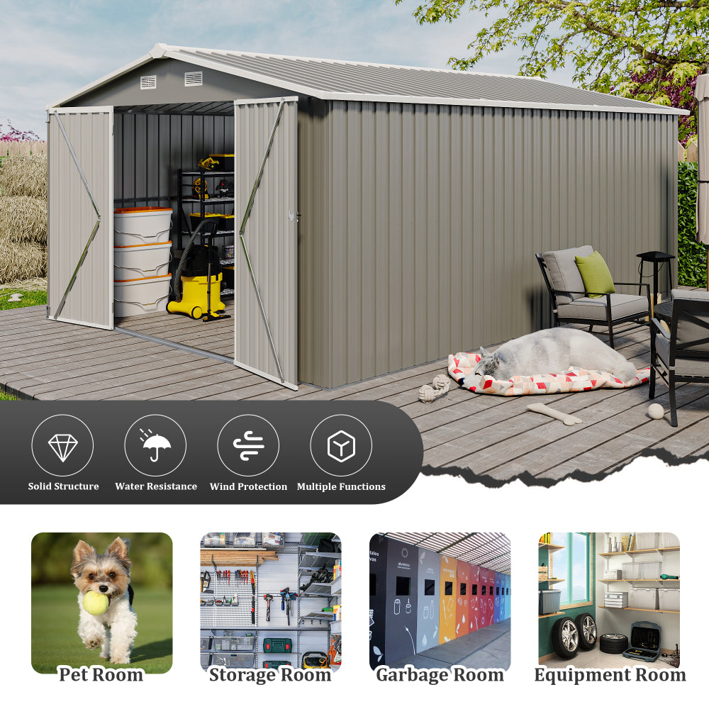 Campcraft  Outdoor Storage Shed 10×14 FT with 3 Lockable Doors,Utility Tool Shed Metal Storage Garden Sheds  Frame and 4 Vents,for Backyard,Patio,Lawn,Light Grey