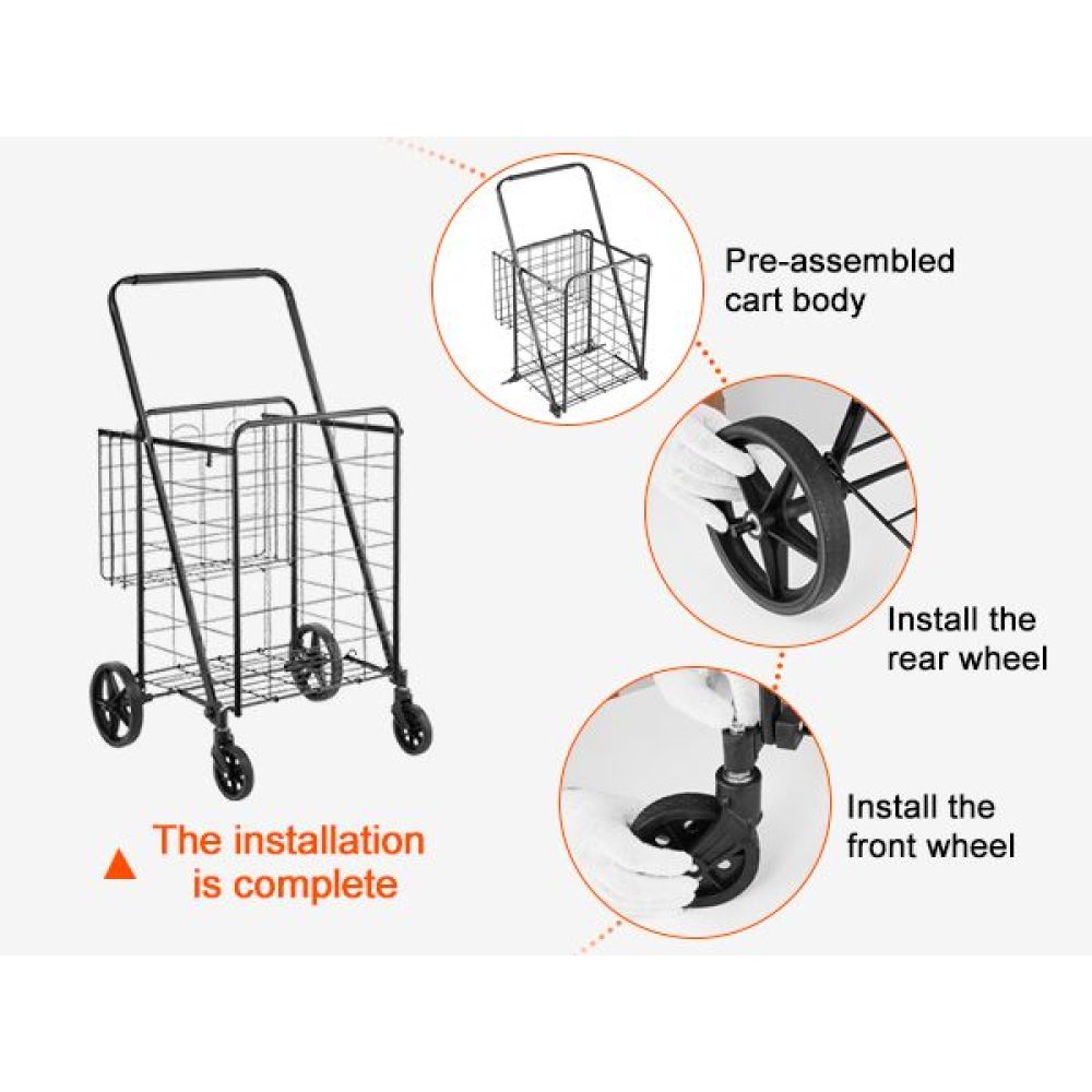 Folding Shopping Cart, Jumbo Grocery Cart with Double Baskets, 360° Swivel Wheels, Heavy Duty Utility Cart, 110 LBS Large Capacity Utility Cart for Laundry, Shopping, Grocery, Luggage