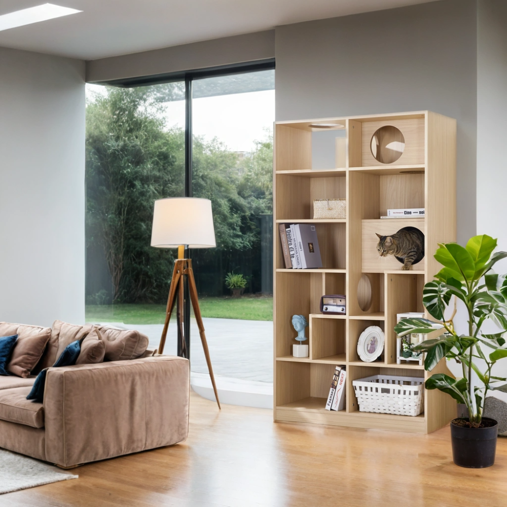 Modern 2 IN 1 Wood Bookshelf  Cat House, Cat Tree Display Case with Storage, Cat Litter Box Enclosure Climbing Shelf