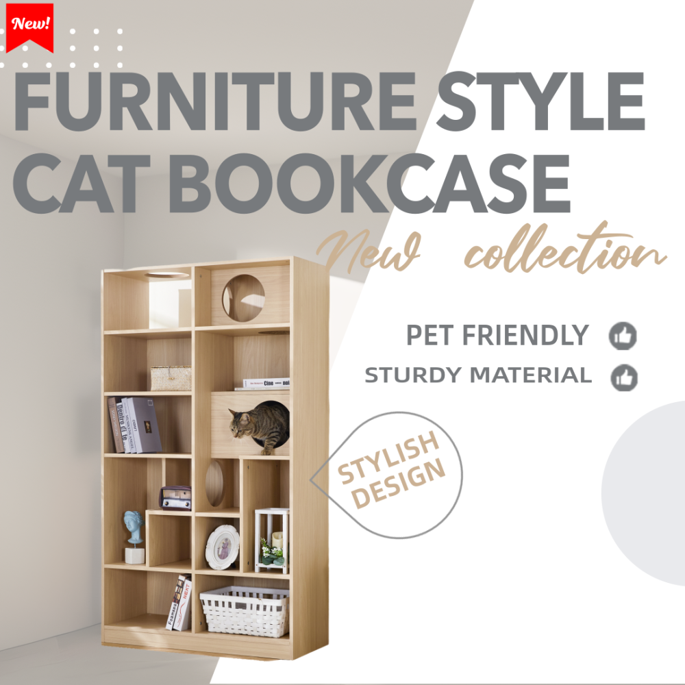 Modern 2 IN 1 Wood Bookshelf  Cat House, Cat Tree Display Case with Storage, Cat Litter Box Enclosure Climbing Shelf