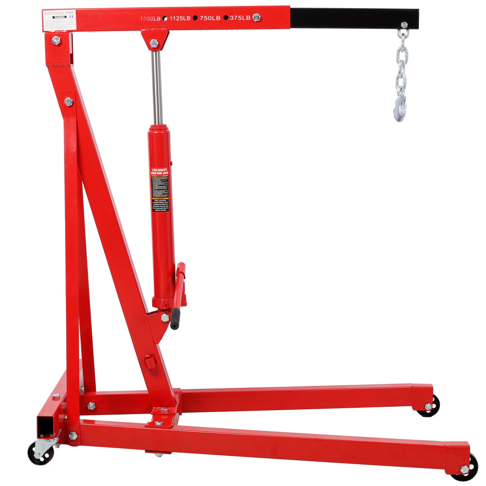 1500 LBS Folding Engine Hoist Cherry Picker Shop Crane Hoist Lift, Heavy Duty Steel with 4 Iron Caster Wheels, Red Color.