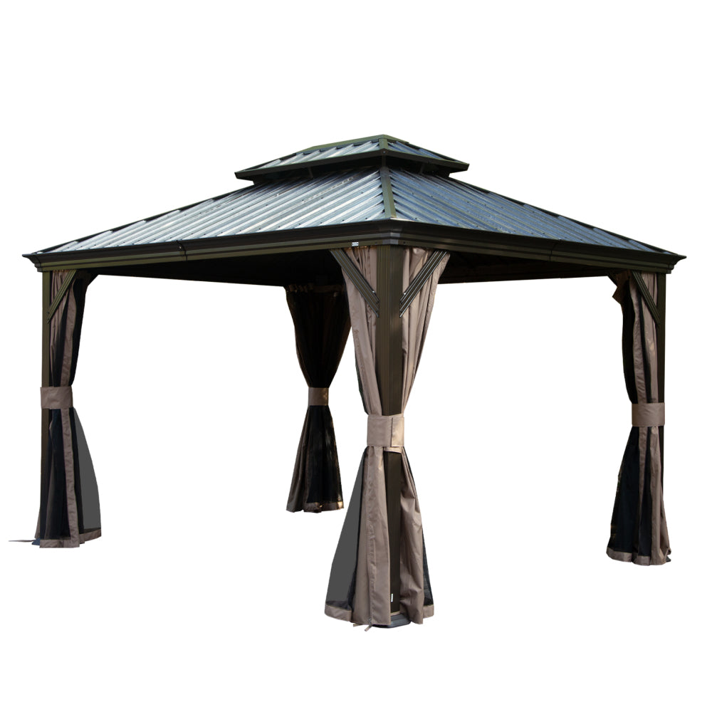 10' X 12' Hardtop Gazebo, Upgraded Metal Gazebo with Drainage System, Dual-Layer Galvanized Steel Roof, Curtain and Netting, Outdoor Shelter Canopy for Patio, Garden, and Backyard, Brown