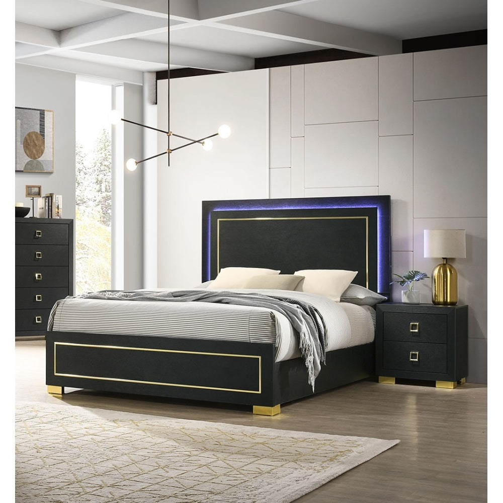 Contemporary Style 3pc Bedroom Set Queen Size Bed And 2x Nightstands Black Wood Gold Accent Legs
